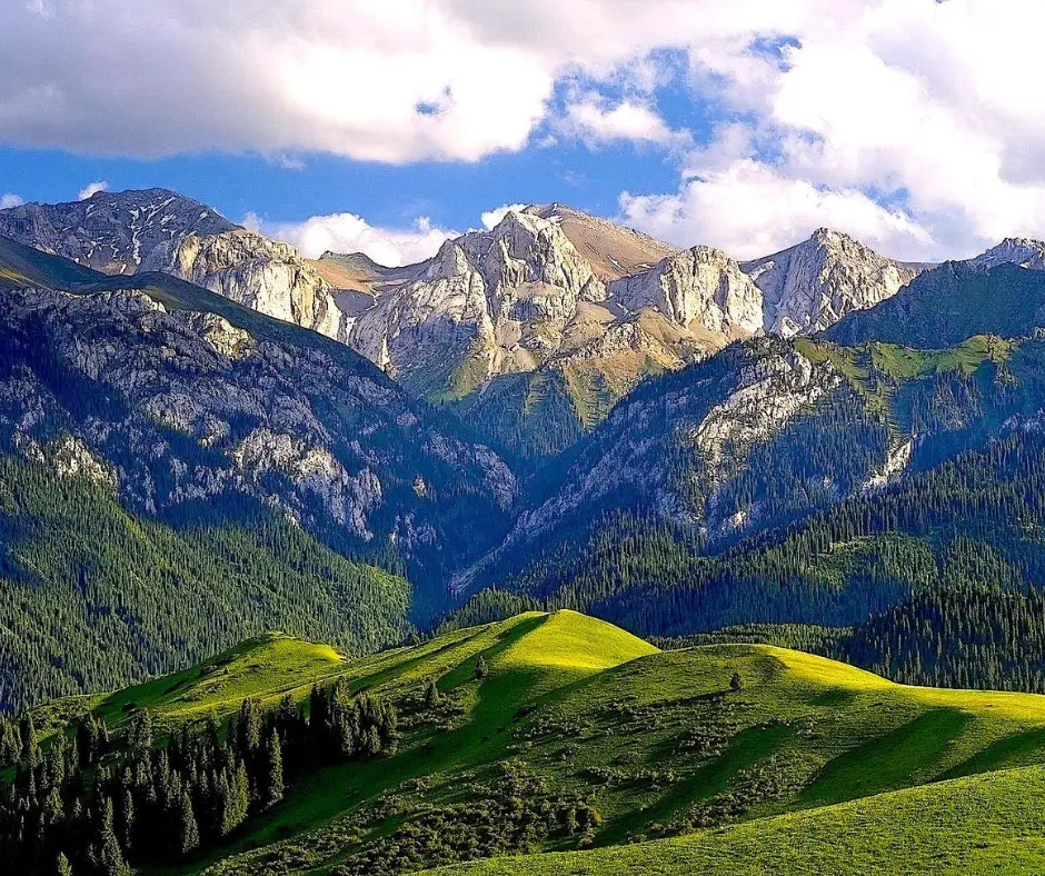 Majestic mountains with lush green hills.