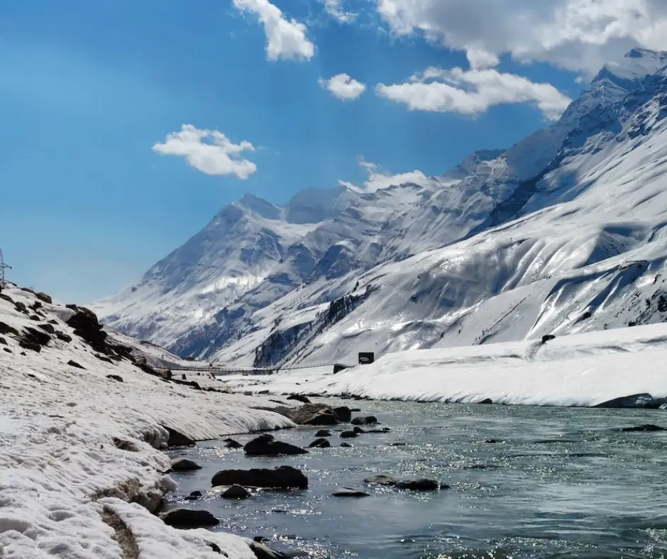 a snow-covered mountainous landscape in Himachal Pradesh