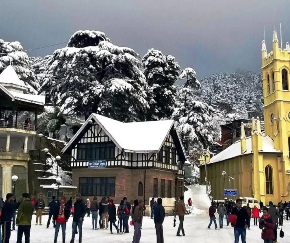 a snowy scene in Shimla, the capital city of Himachal Pradesh, India